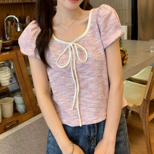 아이엠몽 여성용 베이직핏 스퀘어넥 배색 리본 타이 퍼프 반팔 티셔츠 R6H123