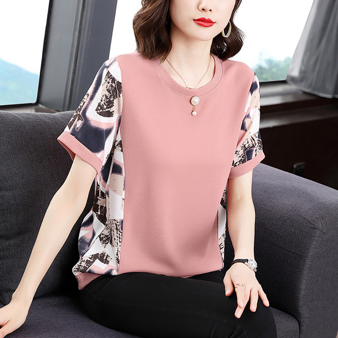 인피어스 여성용 중년 사이드 그래픽 반팔 티셔츠 I263-0129