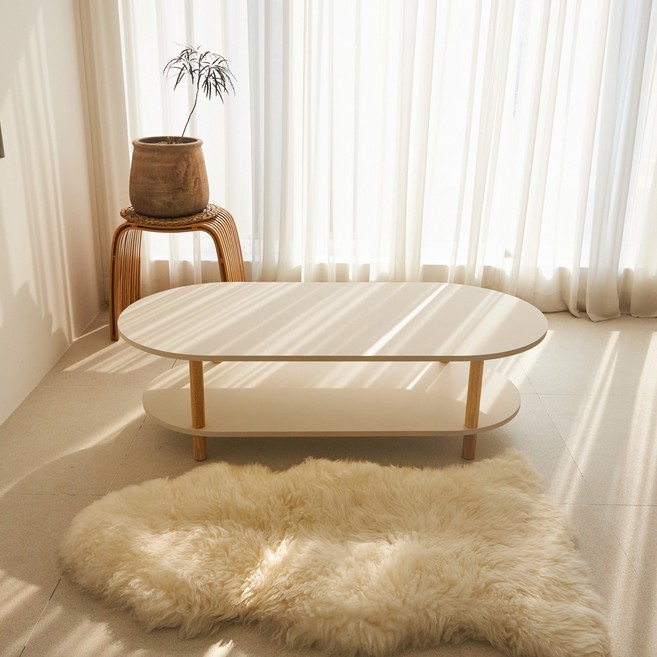 스토리퍼니쳐 국내생산 E0 LPM 하모니 2단 쇼파 테이블 타원 HIGH 1200x600x480, 핑키쉬크림 + 오크