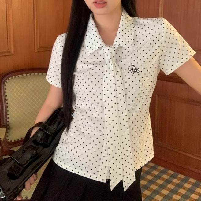 I'M MONG 女款修身翻領綁帶圓點短袖襯衫 R6H217