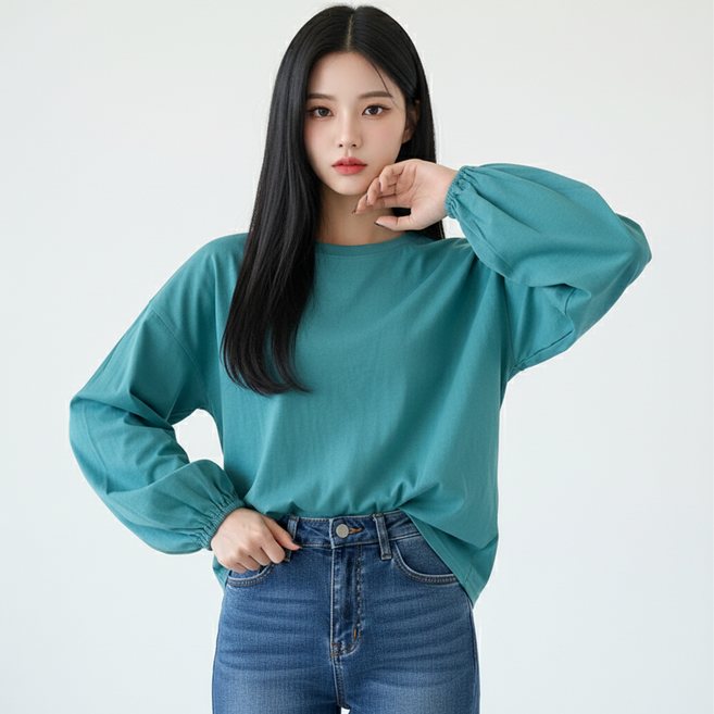 marketpia 女款圓領泡泡袖長袖T恤