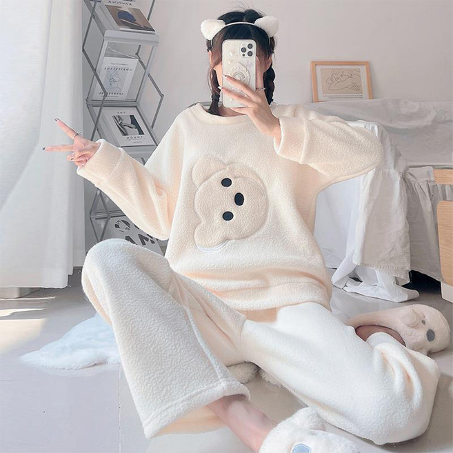 女款大熊冬季超細纖維睡衣上下套裝