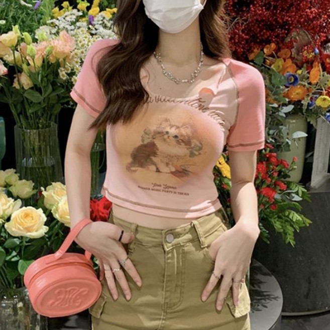 구디프 여성용 캣 프린팅 통기성 크롭 티