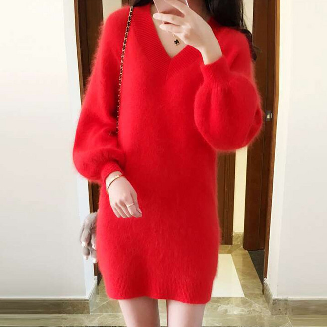 반야스토리 여성용 겨울 브이넥 니트 롱원피스 PP160