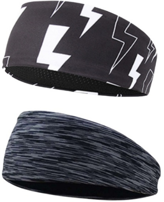 에이빅 스포츠 땀흡수 헤어밴드 쿨링 머리띠 2p, 블랙 썬더+스트라이프 그레이, 1세트