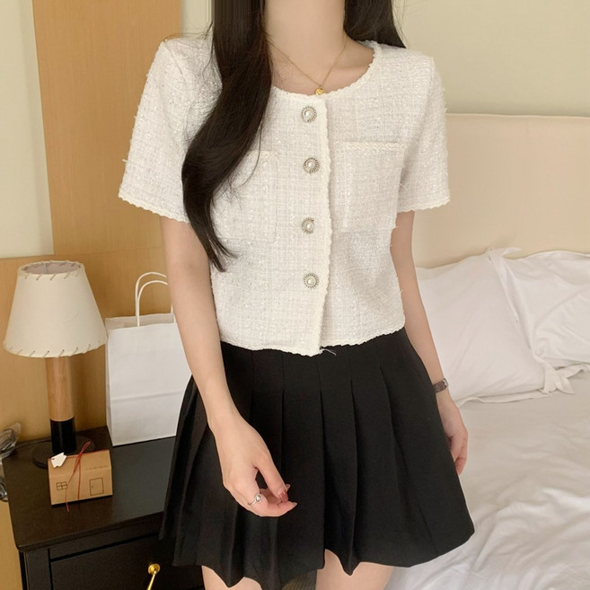 라라티나 여성용 루아트 트위드 진주 버튼 반팔 가디건