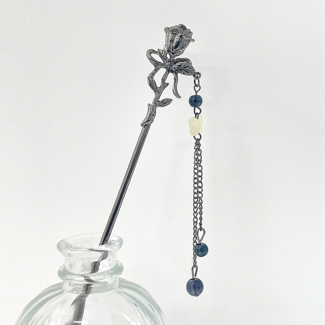 젤루나 메탈 스틱 플라워 나비 달 체인 태슬 롱드롭 유니크 전통 올림머리 뒤꽂이 비녀핀 1 꽃송이 H-234