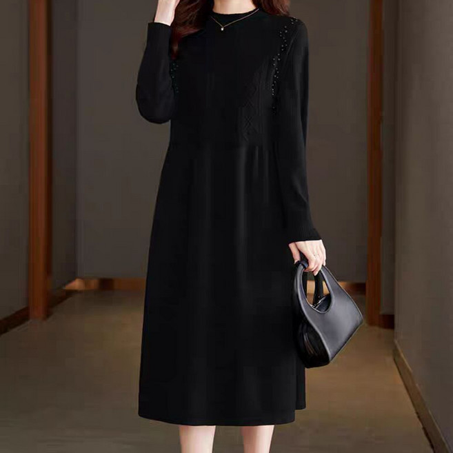 ATTERLIC 珠飾線條毛衣針織連身裙 10957, 黑色