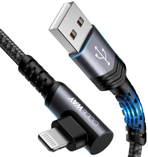 CODEWAY 90度 USB A to Lightning 快充充電線, 1m, 灰色, 1條