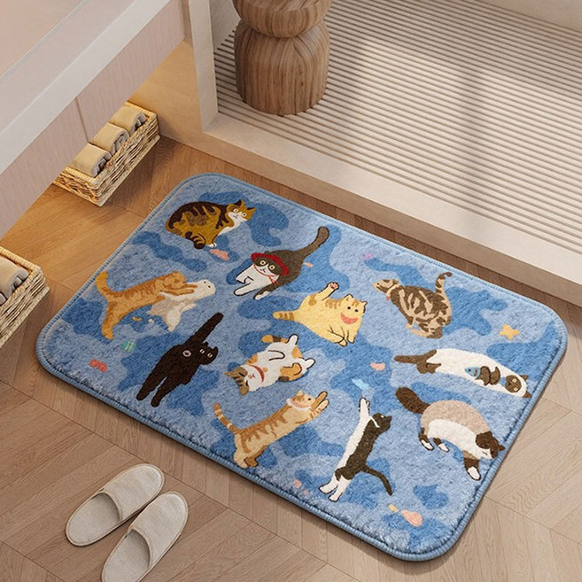 지앤와이 귀여운 고양이파티 논슬립 발매트, 블루