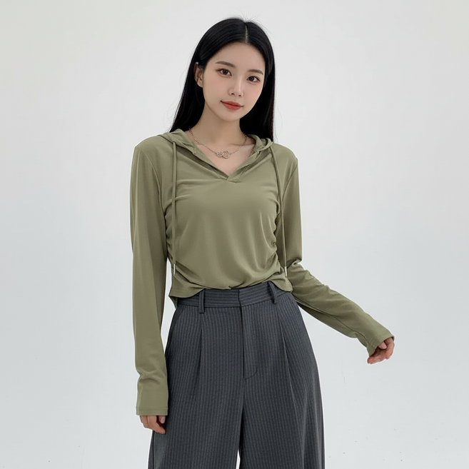 마켓피아 여성용 후드 브이넥 긴팔 티셔츠