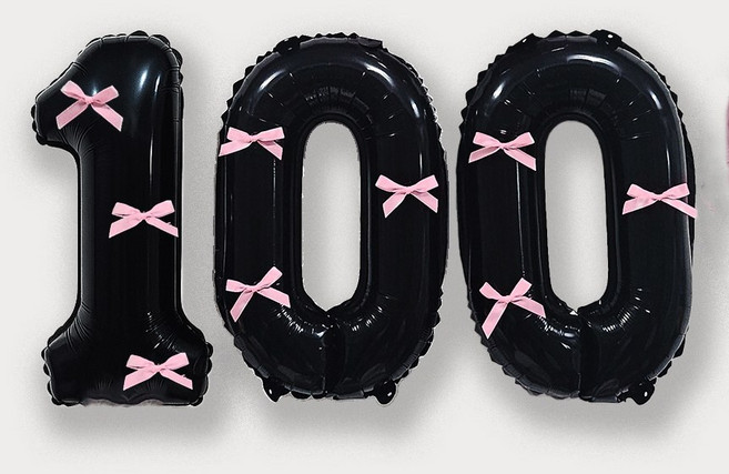 올리브파티 숫자 풍선 + 발레코어 리본 9p 기본 세트, 블랙(숫자풍선100), 핑크(리본), 1세트