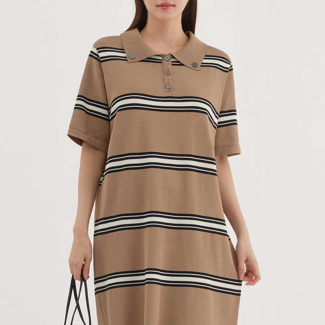 엘쏘 루즈핏 멀티 스트라이프 카라 롱 반팔 니트 원피스