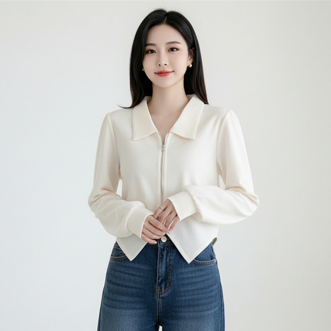 마켓피아 여성용 카라넥 사선 긴팔 집업