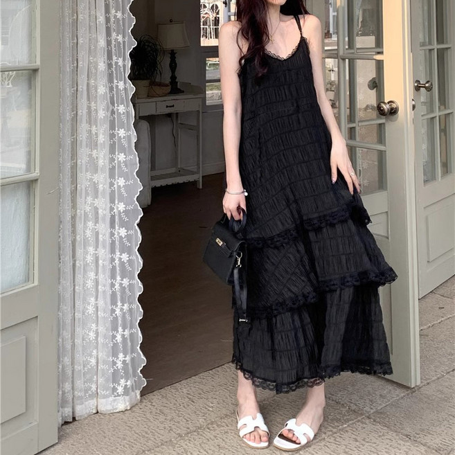 라라티나 여성용 스쿠프 브이넥 끈나시 캉캉 롱 맥시 원피스