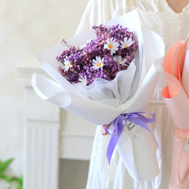 센트바스켓 데이지 안개 프리저브드 LED 조명 꽃다발, 퍼플