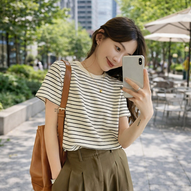 디멜디 여성용 데일리 스트라이프 라운드넥 반팔티셔츠