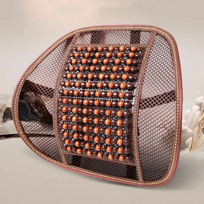 차량용 메쉬 원목 구슬등받이 허리쿠션, 브라운, 1개