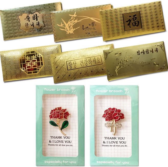 영원 카네이션 브로치 앤 감사카드 2종 x 2p + 황금 용돈봉투 6종 세트 X60-2, 혼합색상, 1세트