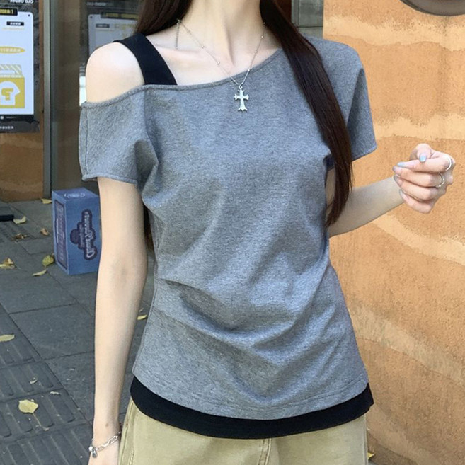 젤루나 여성용 오프숄더 레이어드 반팔 티셔츠 TH-81