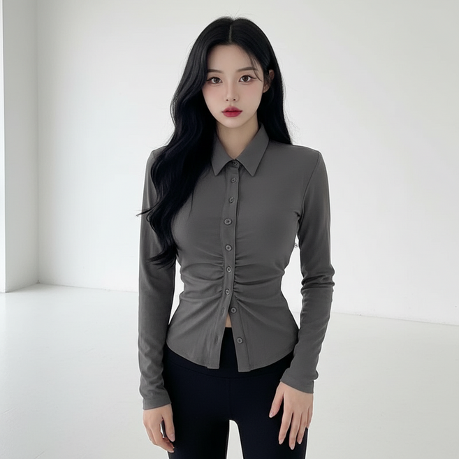 Marketpia 女款抓皺翻領修身罩衫襯衫