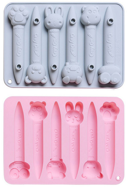 이홈베이킹 캐릭터 연필모바통틀 6구 실리콘몰드 2종 세트, 블루, 핑크, 1세트