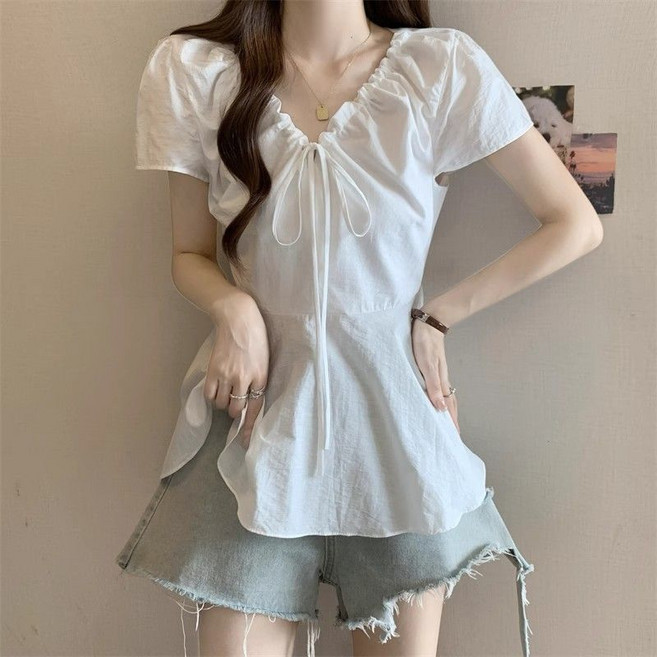 라라티나 여성용 오네아 브이넥 리본 셔링 반팔 블라우스