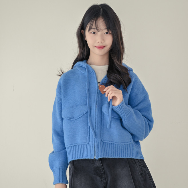 CocoDream 青少年款前口袋針織連帽拉鍊開襟衫