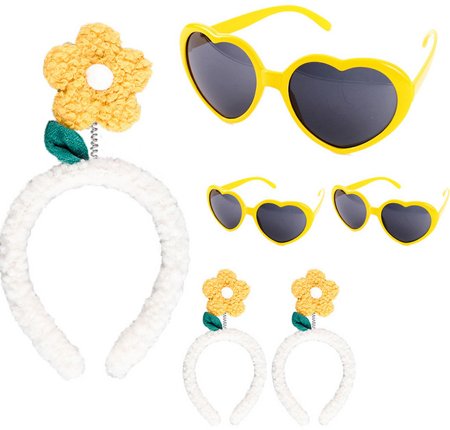 PARTYSHOW 貂絨花朵髮箍 3入 + 愛心眼鏡 3入 套組, 1套, 黃色