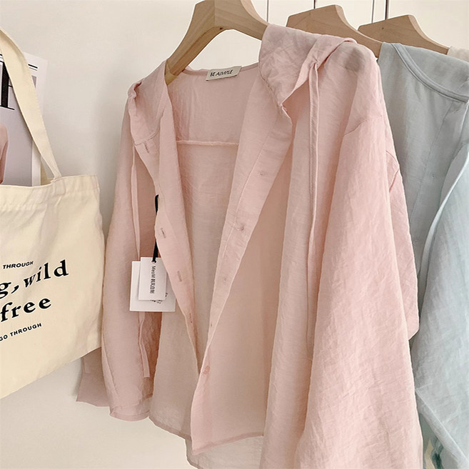 피어니스트 여성용 캐쥬얼 시스루 긴팔 후드 남방 셔츠