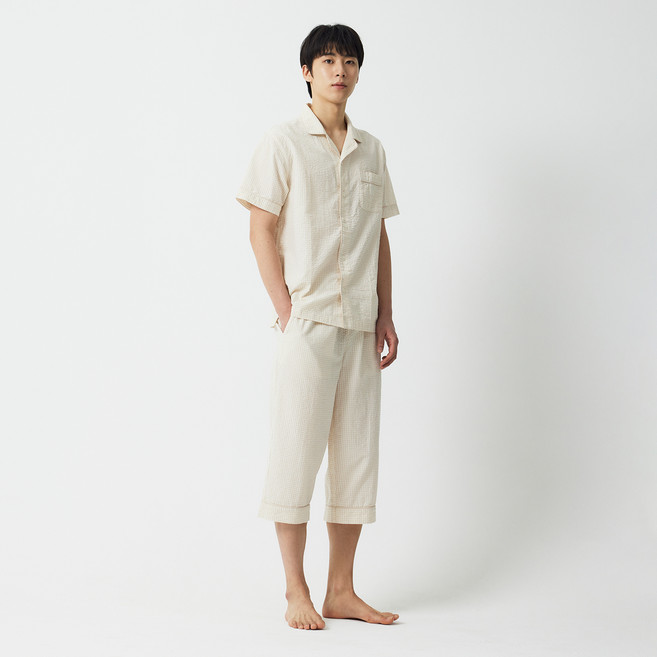 JAJU 남성용 코튼 시어서커 7부 파자마 세트