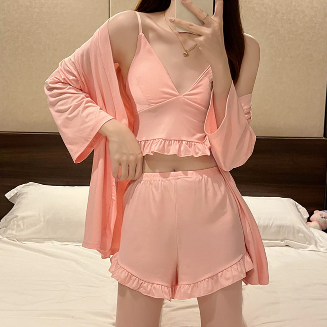 2'nd Pink 女款 Mitsuki 開襟衫 + 無袖背心 + 短褲 睡衣套裝 9012