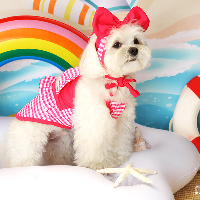 에이미러브즈펫 반려동물 쁘띠 수영복 + 수영모자, 체크체리핑크, 1개