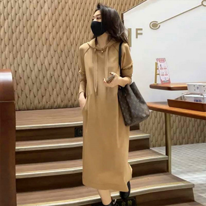 Goodif 女款優雅合身休閒長連帽連身裙, 卡其色