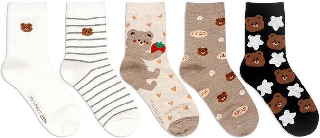 박군 여성용 브라운베어 중목 양말 5켤레 세트