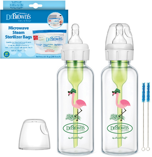 닥터브라운 내로우 젖병 250ml x 2p + 스팀백 5p + 젖꼭지 2p + 세척솔 2p 세트, 플라밍고, 1세트