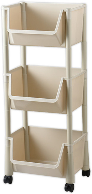엘엘리빙 수납 바구니 이동식 트롤리 일반형, 베이지, 3단