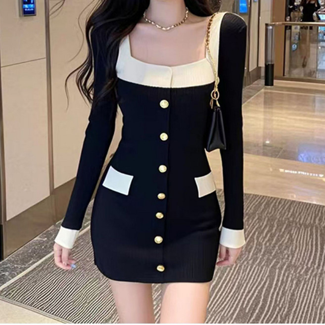 비비에모 아르벨 골드버튼 스퀘어넥 모노 원피스 10986