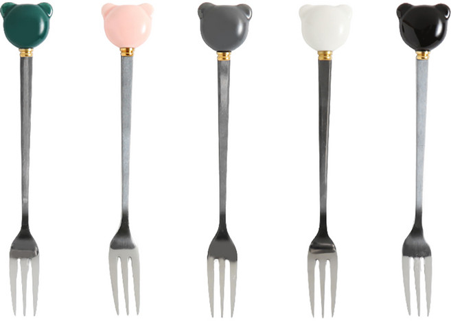 Moda Kitchen 陶瓷握柄小熊茶叉5入組 (白色+粉色+綠色+灰色+黑色), 1組, 茶叉