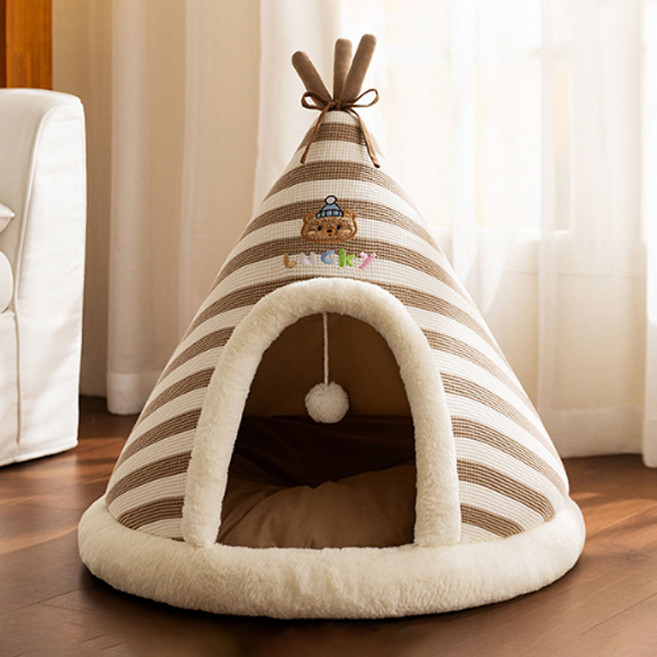 DING DONG PET 貓咪幸運熊尖頂躲貓貓保暖坐墊窩, 棕色, 1個