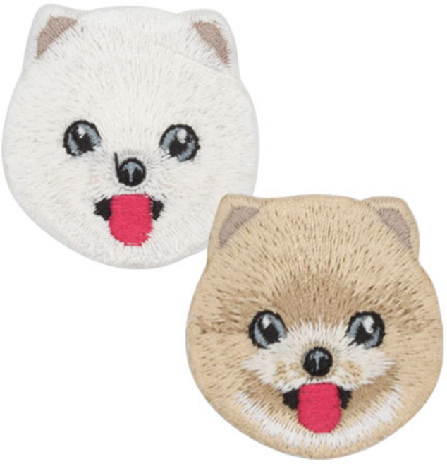 깜찍한 장식용 열접착식 강아지 얼굴 와펜 포메라니안 2종 세트, 베이지, 화이트, 1세트