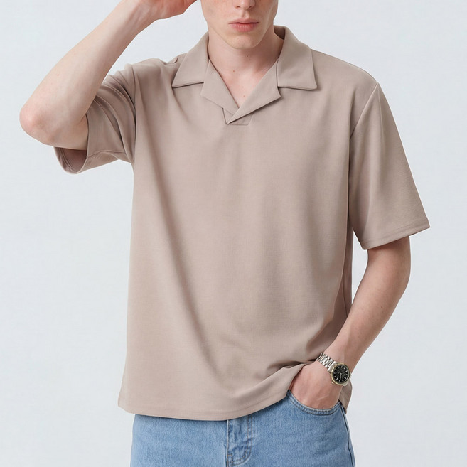 다꾸앙 남성용 여름 오픈넥 셔츠형 오픈카라 반팔 티셔츠 I03C4_tp5758