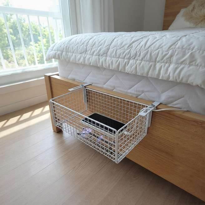 집사람 길이조절 침대 걸이형 바구니, 화이트, 1개