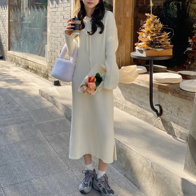 I'M MONG 女款 Lunia 連帽針織傘狀長版洋裝, 象牙白