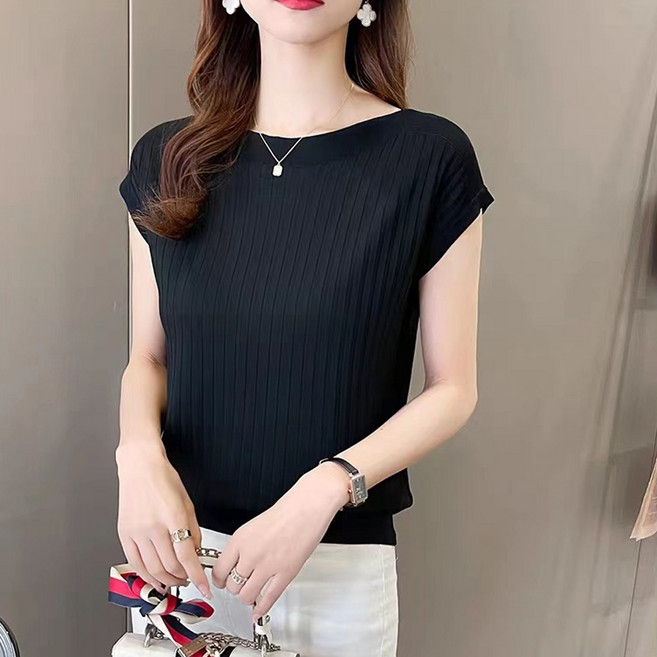 Moirbella 女款羅紋圓領短袖針織衫 O263-0174