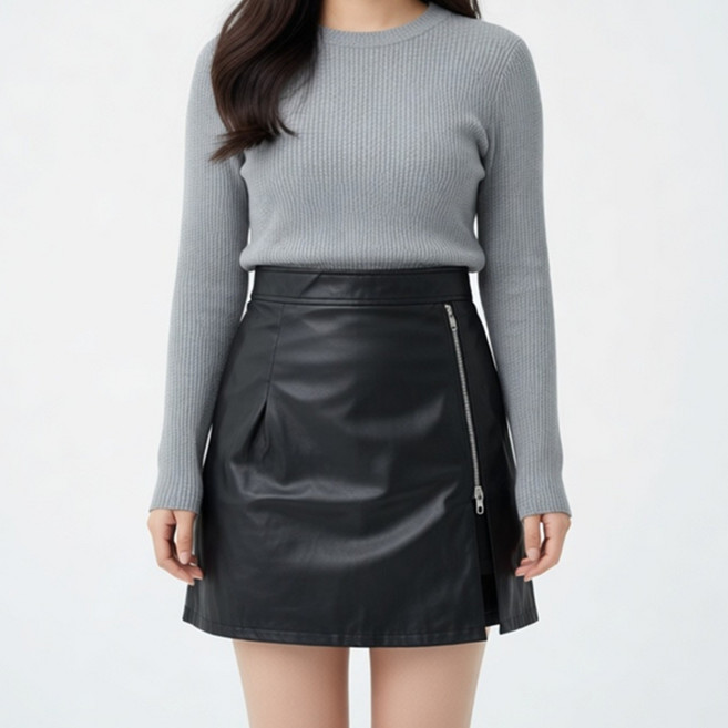 알로데 여성용 절개라인 레더 가죽 미니 스커트