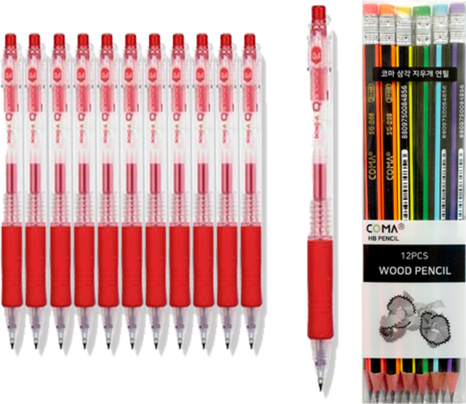 동아 큐노크 스탠다드 볼펜 0.4 + 투코비 코마 삼각 지우개 연필 랜덤발송 SG-208 세트, 빨강, 12세트