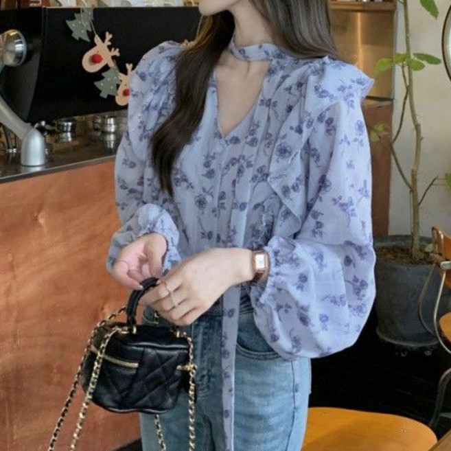 德芙洛商務 女款法式花朵荷葉邊蝴蝶結綁帶罩衫