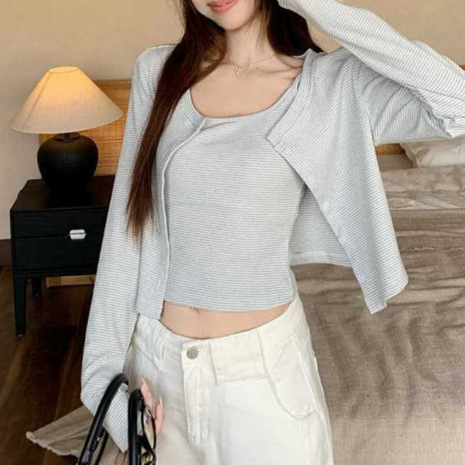 더시럽 여성용 니치 스트라이프 민소매 가디건 투피스