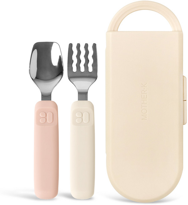 마더케이 실리콘 허그 자기주도 스푼 포크 + 케이스 세트, 핑크 스푼 + 아이보리 포크, 1세트